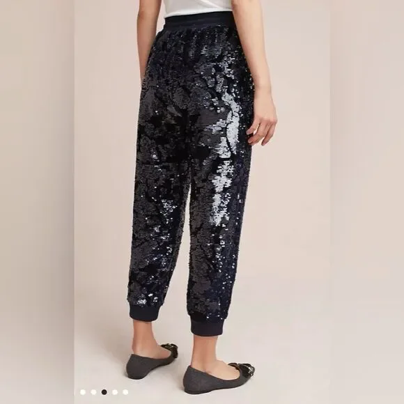 Anthropologie ett:twa Sequin Velvet Joggers Holiday Sparkle navy blue Medium M - Picture 2 of 16